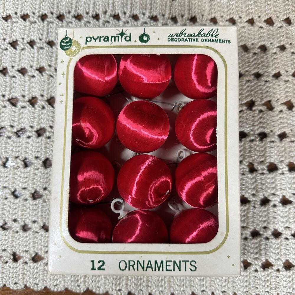 Vintage Pyramid Unbreakable Red Ornaments Christmas Satin Sheen 1.5” Set of 12